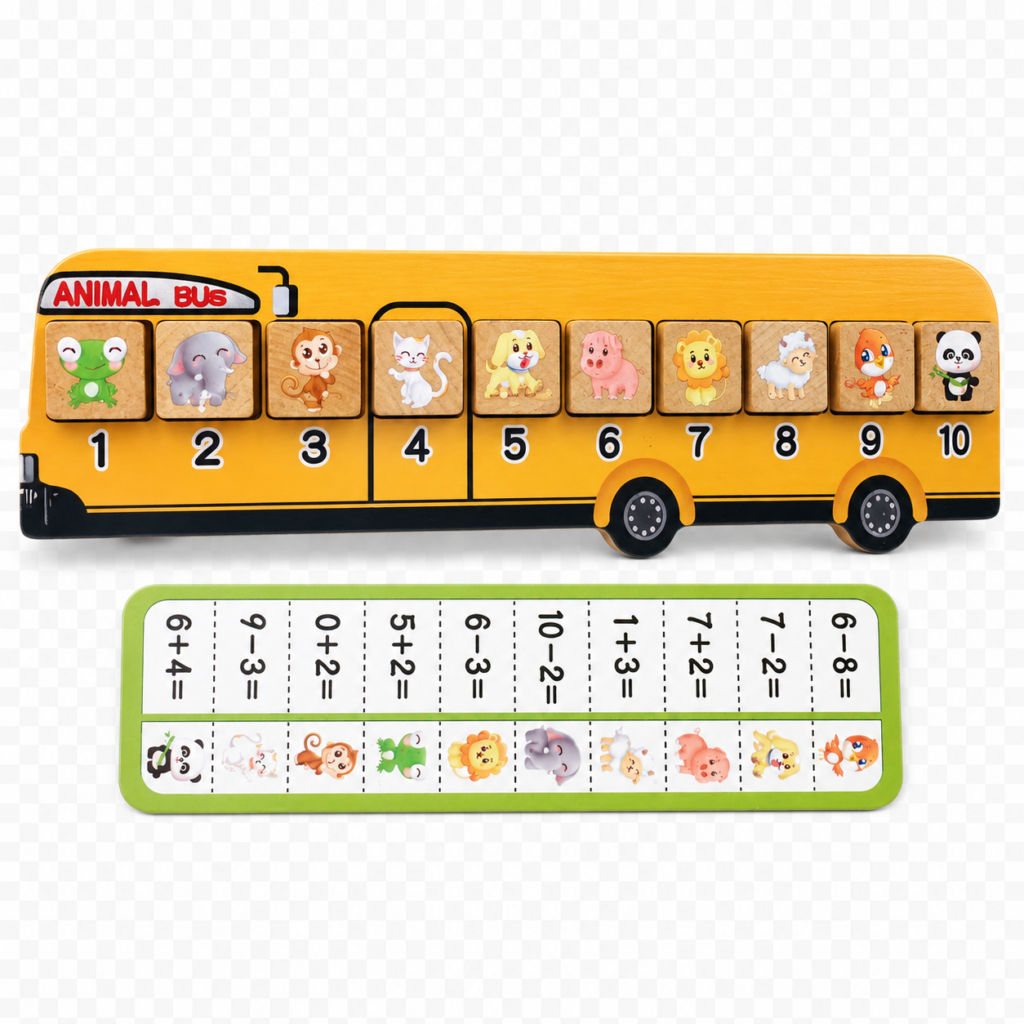 אוטובוס החיות - חיבור וחיסור עד 10 (עץ)